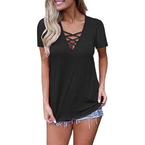 Ezbelle Women's Short Sleeve V Neck Shirts Criss Cross Top Basic T Shirt