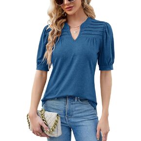 Women's V Neck Puff Short Sleeve Pleated T Shirts Fashion Summer Tops Casual Tunic Blouse