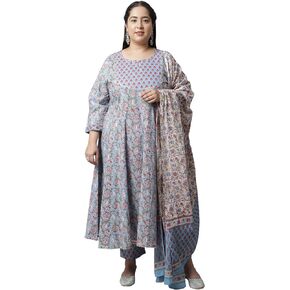 Rajnandini Women's Pure Cambric Cotton Printed Plus Size Kurta Set With Dupatta (JOPLJPR801X_Blue)