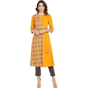 Janasya Indian Women's Mustard Poly Crepe Kurta in Saudi Arabia