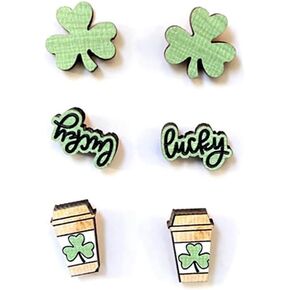 Pingyongchang 3 Pairs St. Patrick's Day Wood Stud Earrings for Women Girls Cute Irish Shamrock Earrings Green Clover Gnome Rainbow Lightweight Wooden Earrings Holiday Good Luck Jewelry Gift