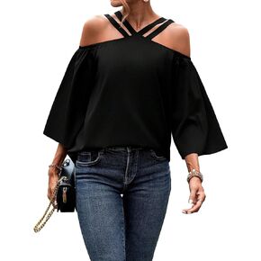 MakeMeChic Women's Solid Cold Shoulder V Neck Oversized Blouse Flare 3/4 Sleeve Loose Shirt Top