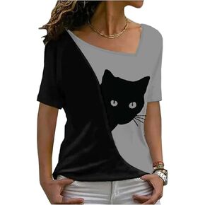 Womens Casual Short Sleeve T Shirts Cat Color Block Skew Collar Tops Comfy Summer Tees