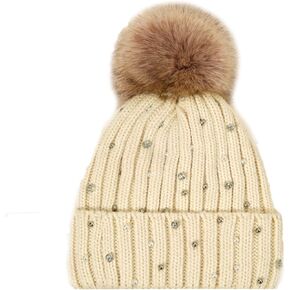 Rhinestone Winter Cable Knit Beanie Hats Chunky Warm Fleece Lined Skull Caps with Pompom for Women Girls