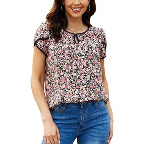 Milumia Women's Casual Pleated Petal Cap Sleeve Round Neck Keyhole Blouse Top