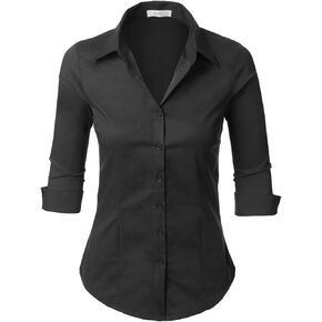 LE3NO Womens Slim-Fit 3/4 Sleeve V Neck Casual Work Shirts Top with Stretch