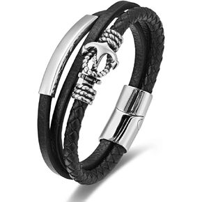 BIYONGDE Mens Womens Black Braided Leather Bangle Bracelet, Vintage Steel Sailing Rope Marine Anchor Charm