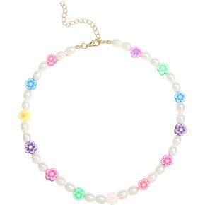2021 New Korea Sweet Flower Pearl Necklace Assorted Rainbow Colour Glass Beads Chain Transparent Colorful Beaded Irregular Necklace for Women Girls