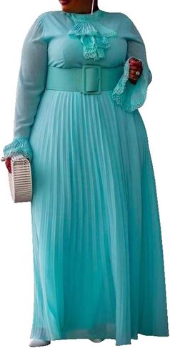 VERWIN Plus Size Floor-Length Solid Long Sleeve Pleated Women's Maxi Dress Prom Dress with Belt in Saudi Arabia