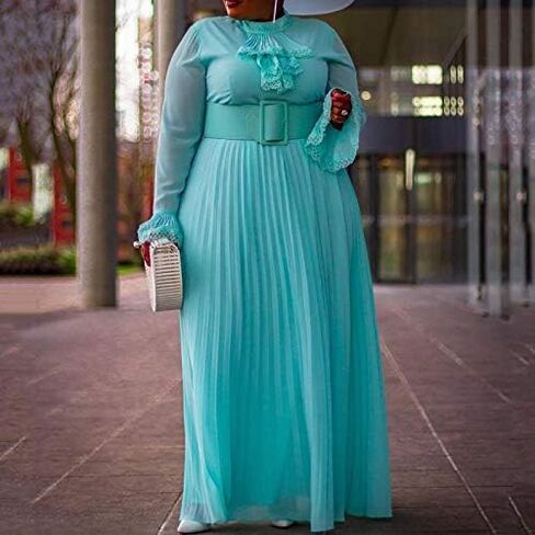 VERWIN Plus Size Floor-Length Solid Long Sleeve Pleated Women's Maxi Dress Prom Dress with Belt in Saudi Arabia