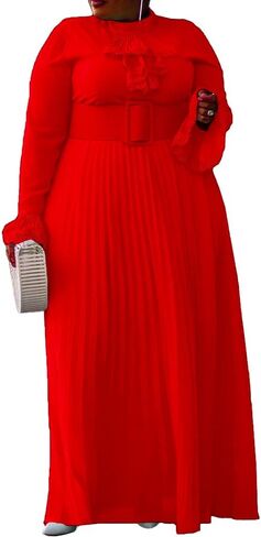 VERWIN Plus Size Floor-Length Solid Long Sleeve Pleated Women's Maxi Dress Prom Dress with Belt in Saudi Arabia