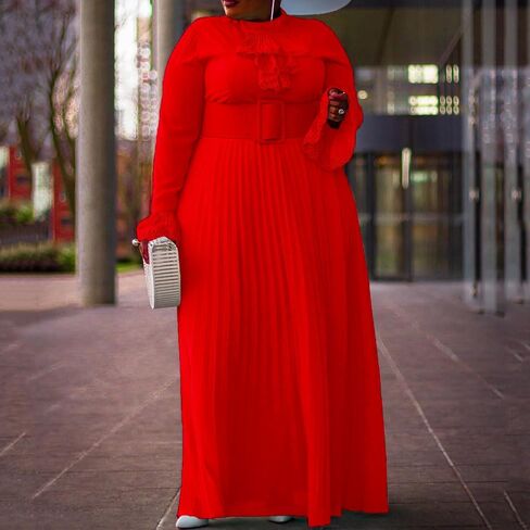 VERWIN Plus Size Floor-Length Solid Long Sleeve Pleated Women's Maxi Dress Prom Dress with Belt in Saudi Arabia