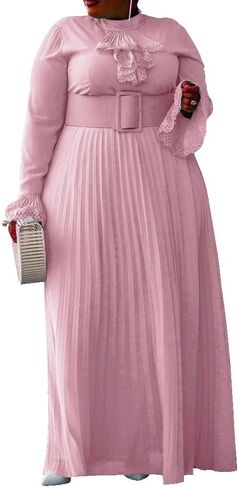 VERWIN Plus Size Floor-Length Solid Long Sleeve Pleated Women's Maxi Dress Prom Dress with Belt in Saudi Arabia
