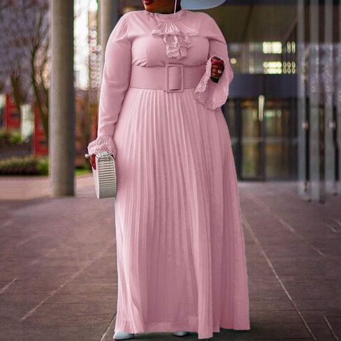 VERWIN Plus Size Floor-Length Solid Long Sleeve Pleated Women's Maxi Dress Prom Dress with Belt in Saudi Arabia