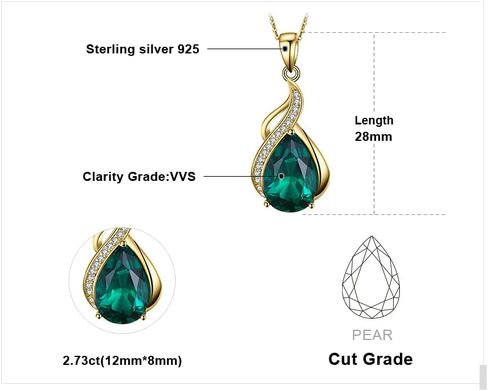 JewelryPalace Pear 2.8ct Simulated Nano Green Emerald Pendant Necklace for Women, 925 Sterling Silver White Yellow Rose Gold Plated Necklace for Her, Fashion Gemstone Gift for Girl 18 Inches Chain in Kuwait
