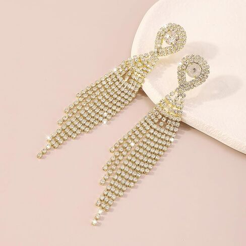 Summer Boho Bow Star Long Tassel Earrings for Women Girls Rhinestone Crystal Setting Womens Fringe Star Earrings Dangling Waterfall Beaded Chandelier Dangle Earrings Jewelry Gifts for Party Prom Statement Wedding Bridal Gold Silver in Kuwait