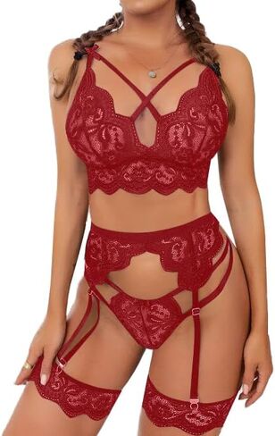 مجموعة ملابس داخلية مثيرة مكونة من 3 قطع من حمالة الصدر واللباس الداخلي من الدانتيل للنساء من Aossfre in Kuwait