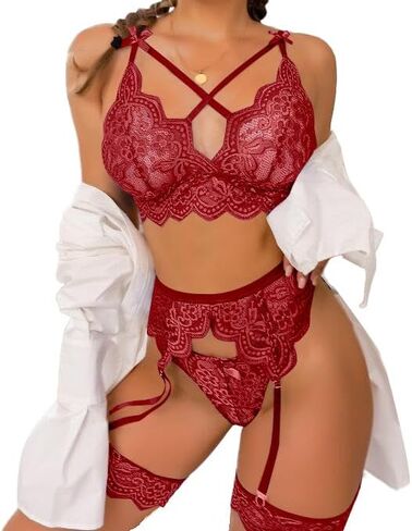 مجموعة ملابس داخلية مثيرة مكونة من 3 قطع من حمالة الصدر واللباس الداخلي من الدانتيل للنساء من Aossfre in Kuwait