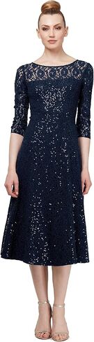 S.L. Fashions Women's Midi Length Sequin Fit and Flare Dress (Missy Petite), Navy Lace, 14P in Saudi Arabia
