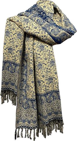 LUXURY YAK WOOL SHAWL FLORAL PAISLEY BLUE BEIGE COLOR SCARF FASHION SCARF OVERSIZE YOGA Blanket stole unisex Travel Wrap Meditation Soft gift for her in Kuwait
