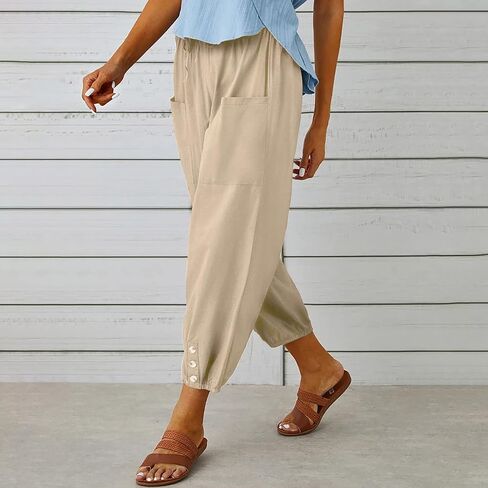 utcoco Women's Cotton Linen Harem Pants High Waist Drawstring Trousers Casual Loose Button Cropped Pants in Saudi Arabia