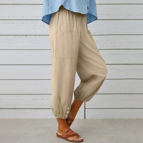 utcoco Women's Cotton Linen Harem Pants High Waist Drawstring Trousers Casual Loose Button Cropped Pants in Saudi Arabia