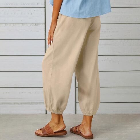 utcoco Women's Cotton Linen Harem Pants High Waist Drawstring Trousers Casual Loose Button Cropped Pants in Saudi Arabia