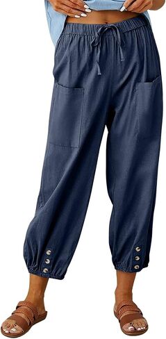 utcoco Women's Cotton Linen Harem Pants High Waist Drawstring Trousers Casual Loose Button Cropped Pants in Saudi Arabia