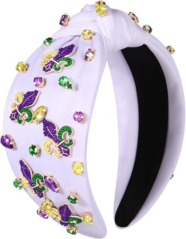 boderier Mardi Gras Headband for Women Rhinestone Fleur De Lis Mask Crown Headband Jewel Embellished Knotted Headband Fat Tuesday Carnival Outfit Accessories (Mardi Gras Crown Mask) in Kuwait