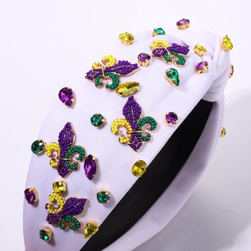 boderier Mardi Gras Headband for Women Rhinestone Fleur De Lis Mask Crown Headband Jewel Embellished Knotted Headband Fat Tuesday Carnival Outfit Accessories (Mardi Gras Crown Mask) in Kuwait
