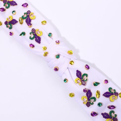 boderier Mardi Gras Headband for Women Rhinestone Fleur De Lis Mask Crown Headband Jewel Embellished Knotted Headband Fat Tuesday Carnival Outfit Accessories (Mardi Gras Crown Mask) in Kuwait