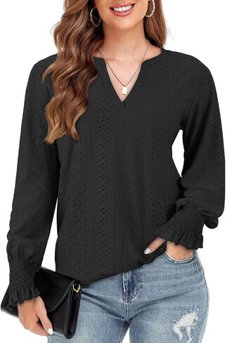 قمصان Tanst Sky النسائية 2023 ذات الأكمام الطويلة ذات الفتحات الأنيقة غير الرسمية ورقبة على شكل حرف V وبلوزات in Kuwait