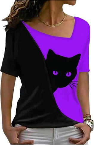 Womens Casual Short Sleeve T Shirts Cat Color Block Skew Collar Tops Comfy Summer Tees in Saudi Arabia