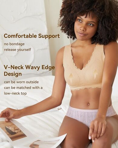 Niidor Women's Seamless Wireless Bra Deep V Neck Comfort Bra Lace Bralette Full-Coverage Wirefree Bra for Everyday Wear in Kuwait