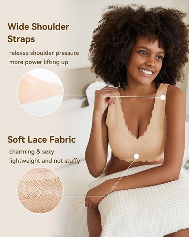 Niidor Women's Seamless Wireless Bra Deep V Neck Comfort Bra Lace Bralette Full-Coverage Wirefree Bra for Everyday Wear in Kuwait