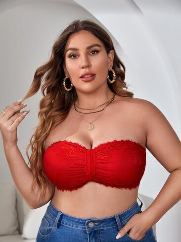 OYOANGLE Women's Plus Size Floral Lace Bralette Tube Top Bras Strapless Bandeau Bras in Saudi Arabia