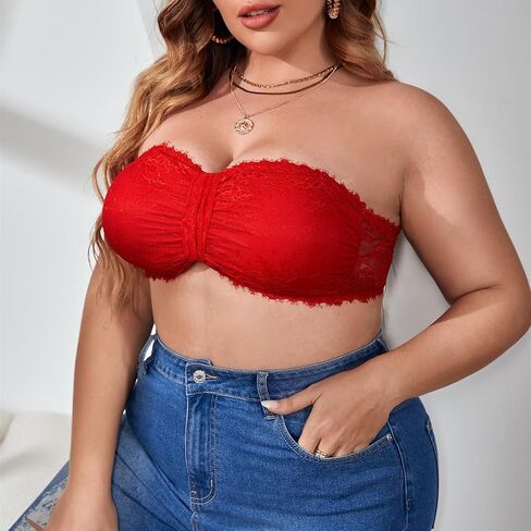 OYOANGLE Women's Plus Size Floral Lace Bralette Tube Top Bras Strapless Bandeau Bras in Saudi Arabia