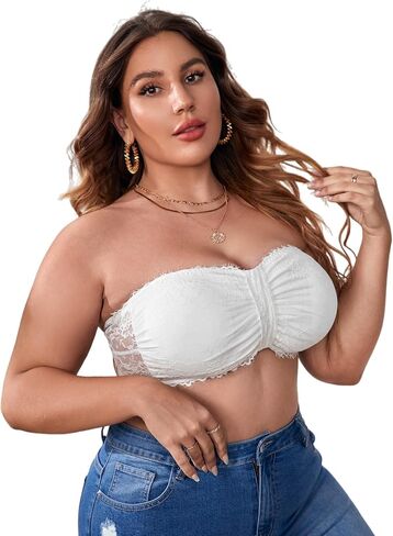 OYOANGLE Women's Plus Size Floral Lace Bralette Tube Top Bras Strapless Bandeau Bras in Saudi Arabia