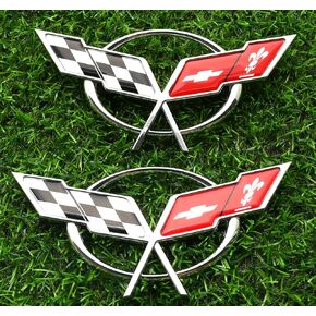 Pair Set Front & Rear Crossed Flags Emblems Car Badge Replacement for 1997-2004 Corvette C5 19207384 19207385 (Black)