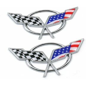 Pair Set Front & Rear Crossed Flags Emblems Car Badge Replacement for 1997-2004 Corvette C5 19207384 19207385 (Black)