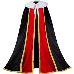 King Cape for Man,Queen Cape Women,Adult Medieval Cape with White Fur Collar Gold Border,Black Red Fake Two Pieces