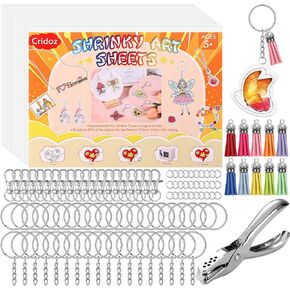 cridoz 162 Shrinky Sheets Keychain kit, Including 20 Sheets Shrinky Plastic Paper, Tassels, Keychain Clip, Split Key Rings, Key Rings with Chain, Jump Rings, Hole Punch for Kids Creative