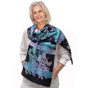Long Silk Scarf, Boho Fashion Floral Shawl, Blue, Turquoise, Lilac and Black, Elegant Gift for Women Birthday, Holiday Gift for Lady Who Has Everything