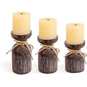 Farmhouse Wooden Candle Holders for Pillar Candles, Brown Distressed Set of 3 Rustic Wood Pillar Wood Candle Stands with Hemp Rope Bow Table Centerpiece Decor for Fireplace, Living, and Dining Room