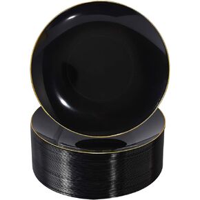 Nervure 100 Pieces Black Plastic Plates - 7.5inch Black Dessert Plates - Disposable Gold Plastic Plates - Black Disposable Plates Ideal for Wedding & Parties & Salad