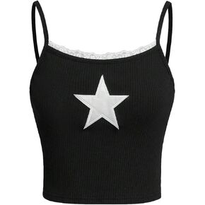 SOLY HUX Girl's Star Print Lace Trim Cami Crop Top Spaghetti Strap Ribbed Knit Tops