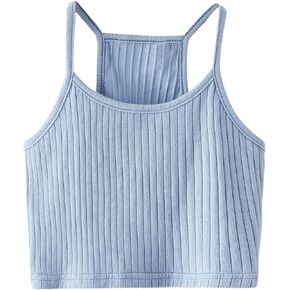 OYOANGLE Girl's Rib Knitted Spaghetti Straps Crop Cami Top Round Neck Sleeveless Solid Camisole Tops