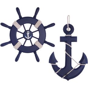 GengGeng 2 Pack 13" Nautical Anchor wall Decor,Beach Decorations for Home,Nautical Decorations for Home,Wooden Anchor and Wheel Beach Theme Decor for Home and Wall ((Light Blue))