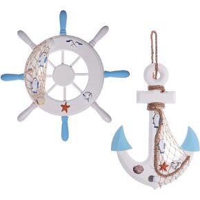 GengGeng 2 Pack 13" Nautical Anchor wall Decor,Beach Decorations for Home,Nautical Decorations for Home,Wooden Anchor and Wheel Beach Theme Decor for Home and Wall ((Light Blue))