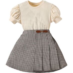 Floerns Girl's Puff Short Sleeve T Shirt Plaid Pleated Skirt Set Two Piece Outfit